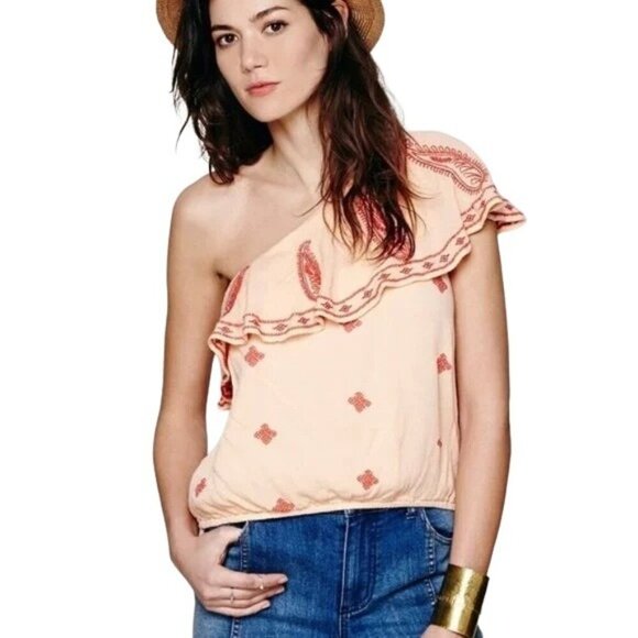 Free People Tops - Free People Easy on the Eyes Pastel Orange Embroidered One-Shoulder Top
